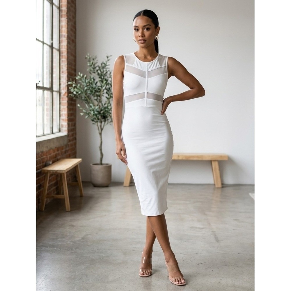 Kookai Midi Dress Womens 1 White Mesh Bodycon Cocktail Chic minimalist stretchy
